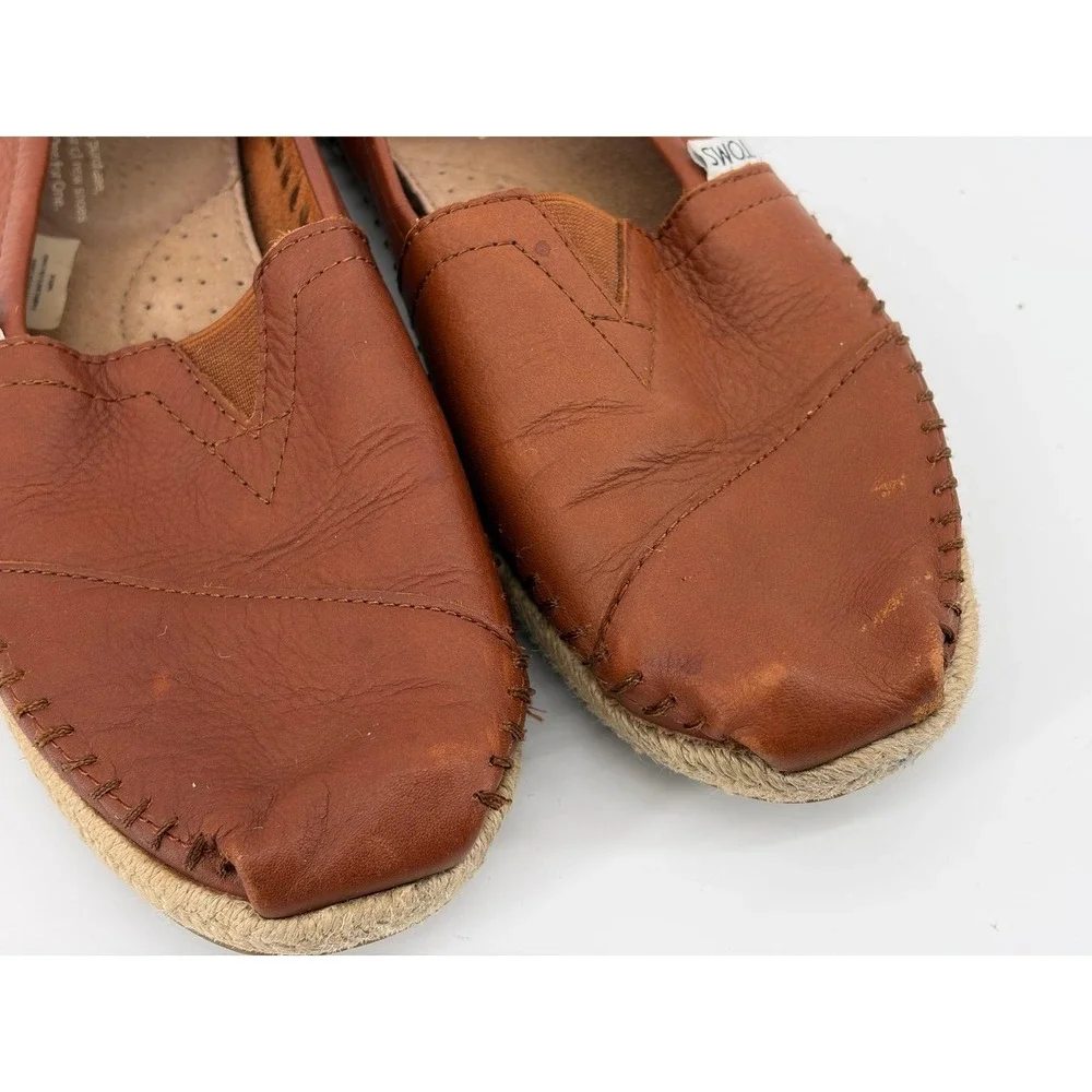 TOMS Alpargata Slip On, Brown Leather Whipstitch Espadrille, Women Size 9